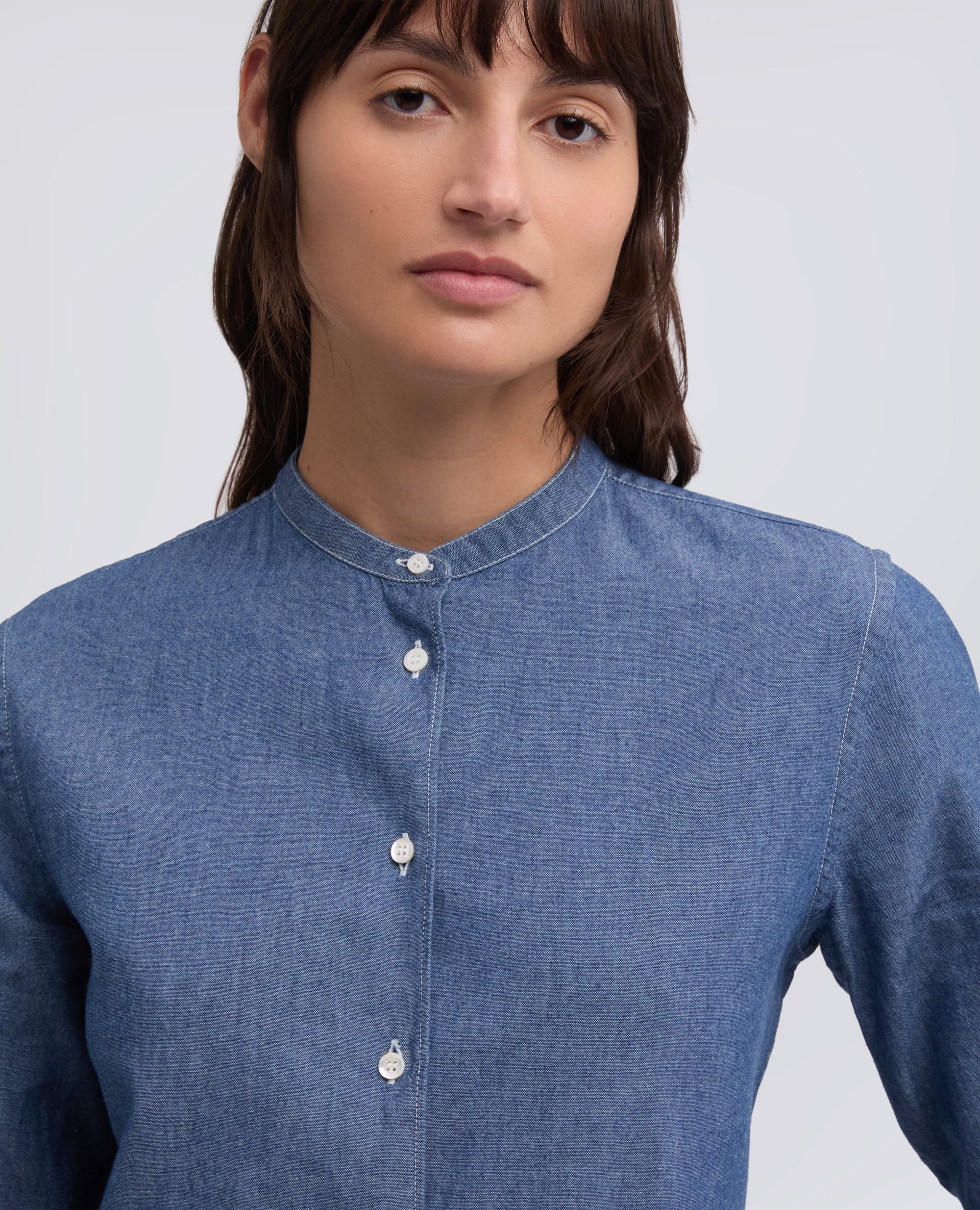 CAMICIA IN CHAMBRAY DI COTONE GIAPPONESE CON COLLO ALLA COREANA - BLU - ASPESI