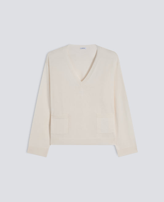MAGLIA A MANICHE LUNGHE CON SCOLLO A -V- IN FILATO DI SETA, COTONE E CASHMERE - NATURALE - ASPESI