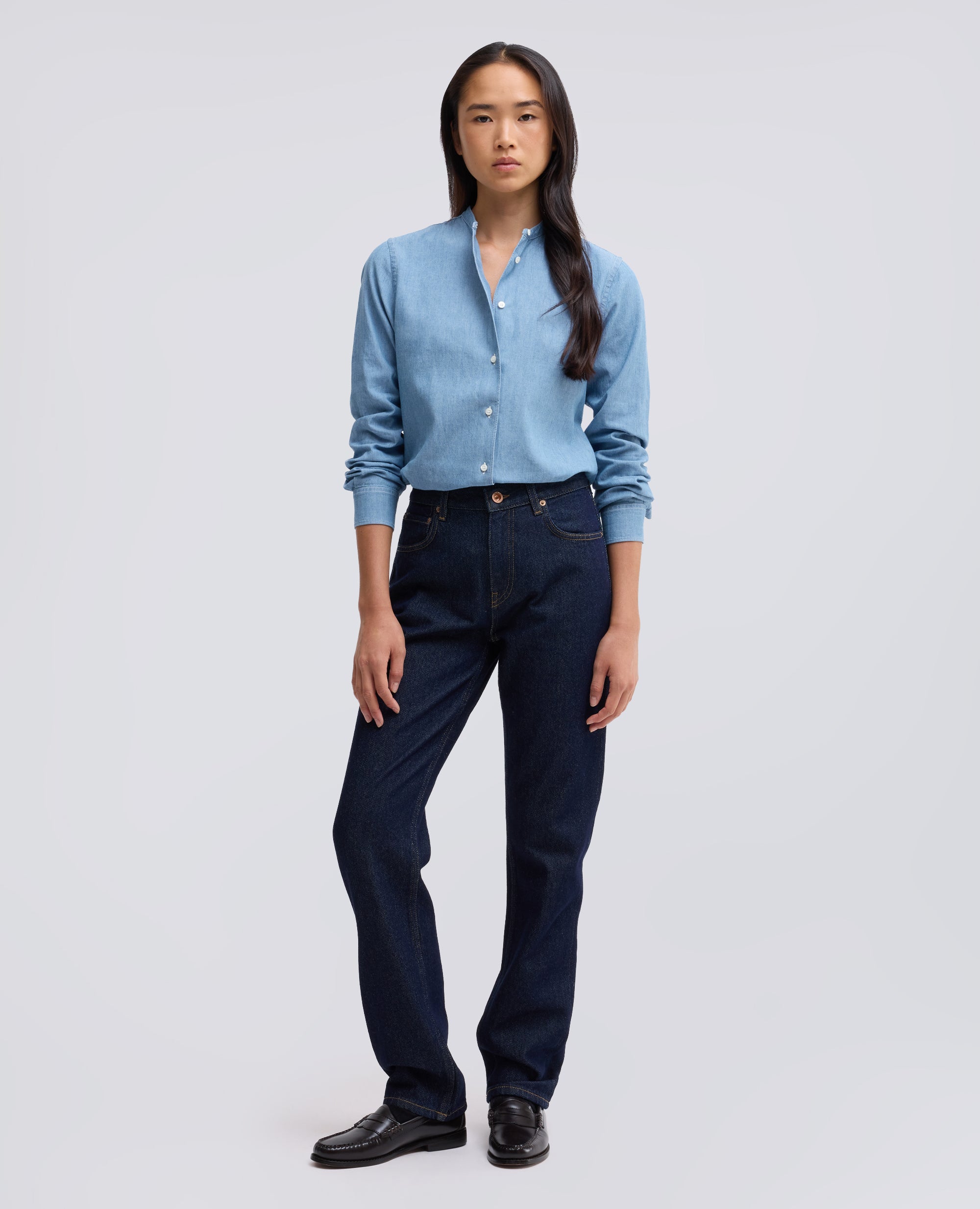 CAMICIA IN CHAMBRAY COTONE GIAPPONESE CON COLLO ALLA COREANA - BLU - ASPESI