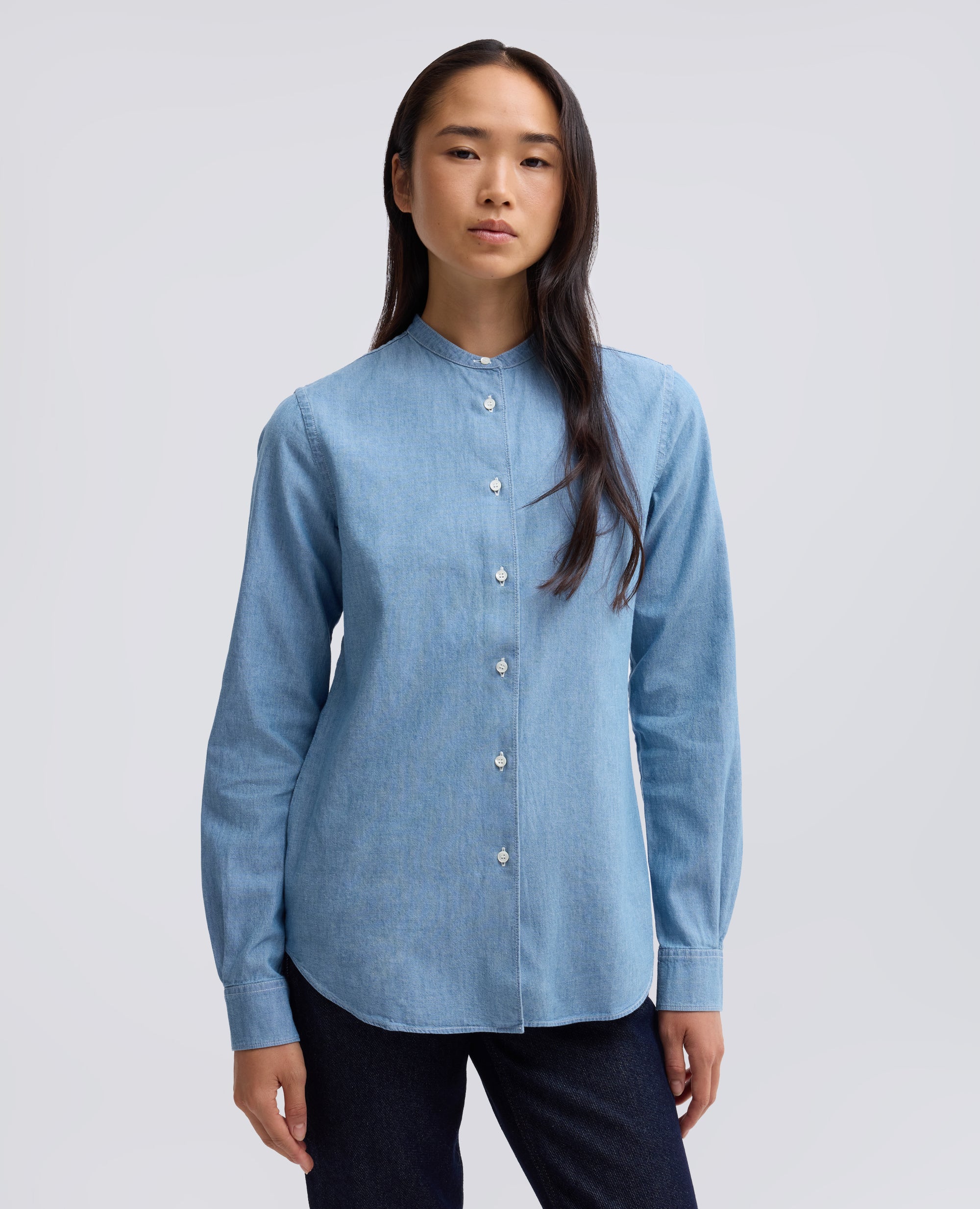 CAMICIA IN CHAMBRAY COTONE GIAPPONESE CON COLLO ALLA COREANA - BLU - ASPESI