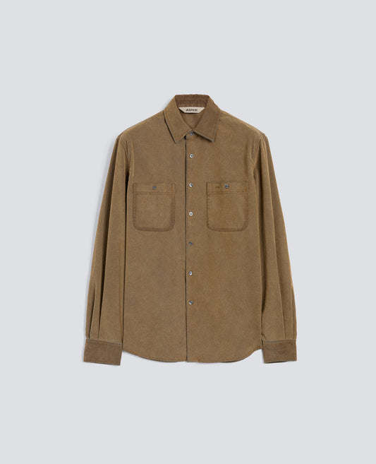 FLOCKED CHAMBRAY WORK SHIRT WITH RECYCLED LEATHER - BEIGE - ASPESI