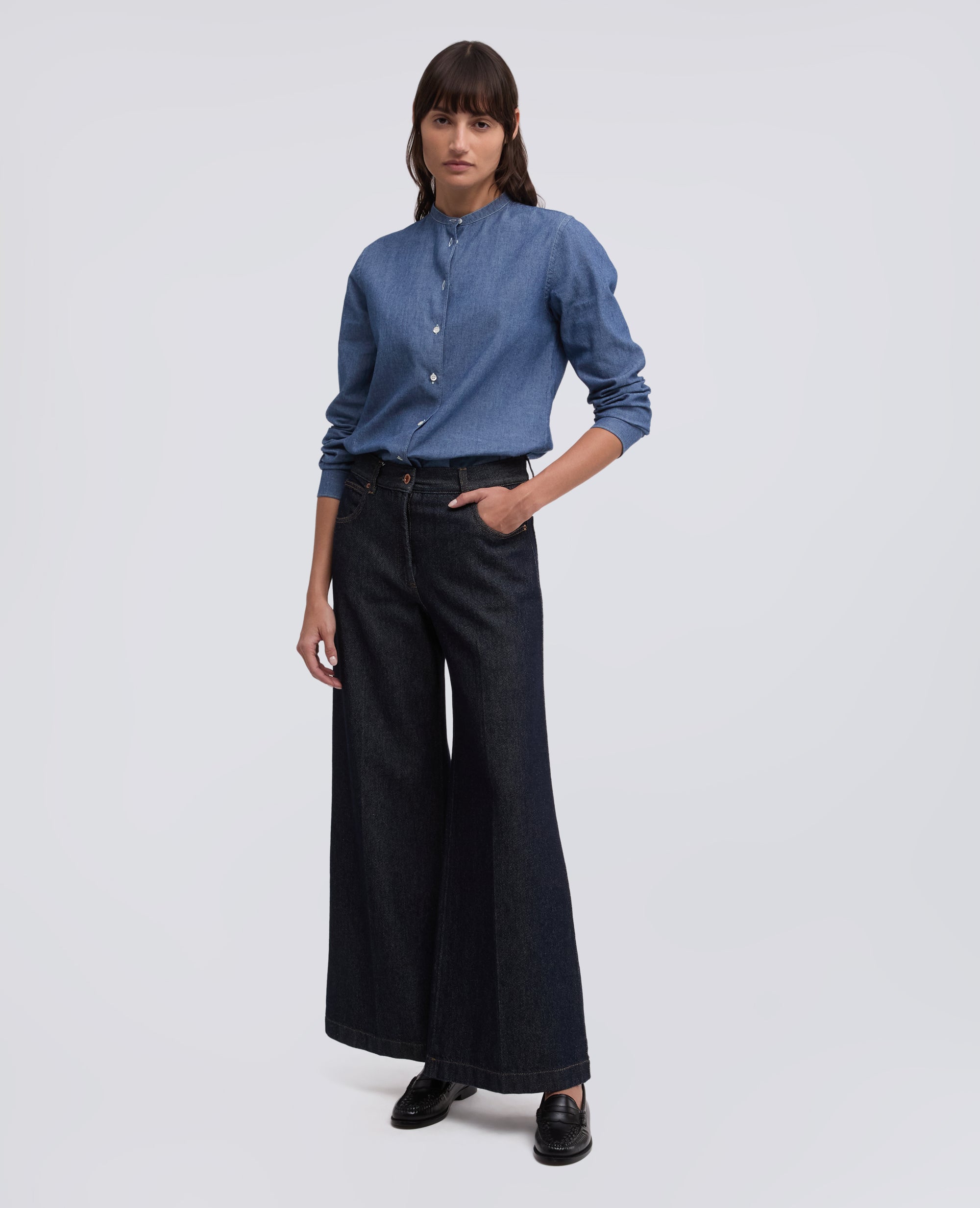 CAMICIA IN CHAMBRAY DI COTONE GIAPPONESE CON COLLO ALLA COREANA - BLU - ASPESI