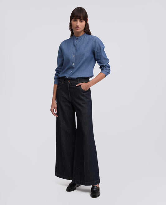 CAMICIA IN CHAMBRAY DI COTONE GIAPPONESE CON COLLO ALLA COREANA - BLU - ASPESI