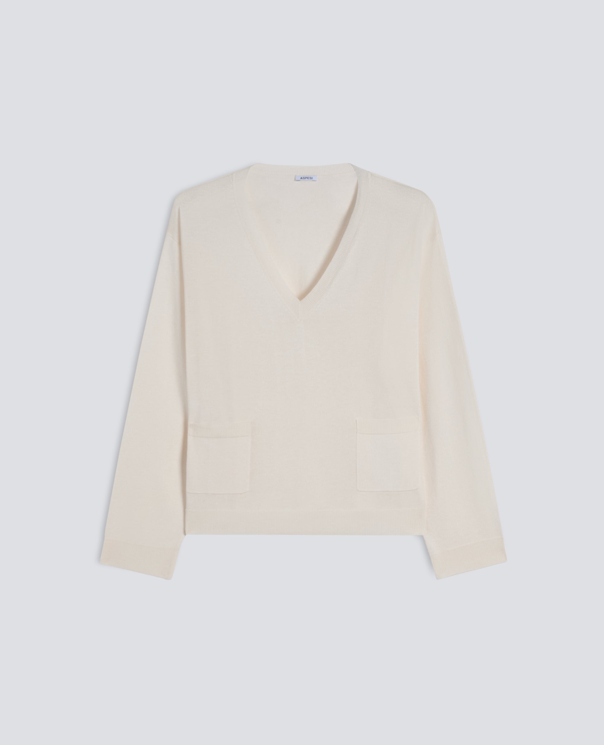 MAGLIA A MANICHE LUNGHE CON SCOLLO A -V- IN FILATO DI SETA, COTONE E CASHMERE - NATURALE - ASPESI
