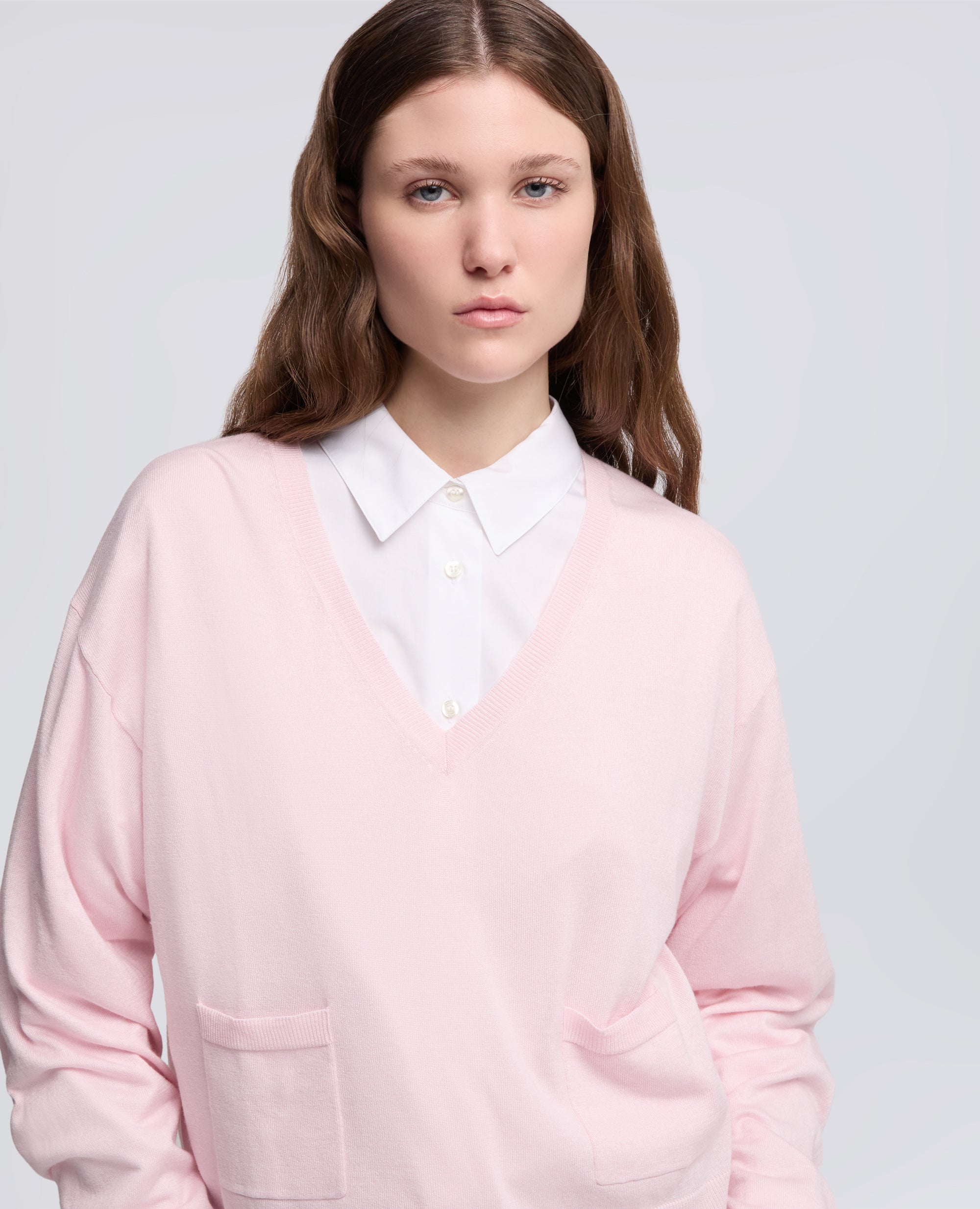 MAGLIA A MANICHE LUNGHE CON SCOLLO A -V- IN FILATO DI SETA, COTONE E CASHMERE - ROSA - ASPESI