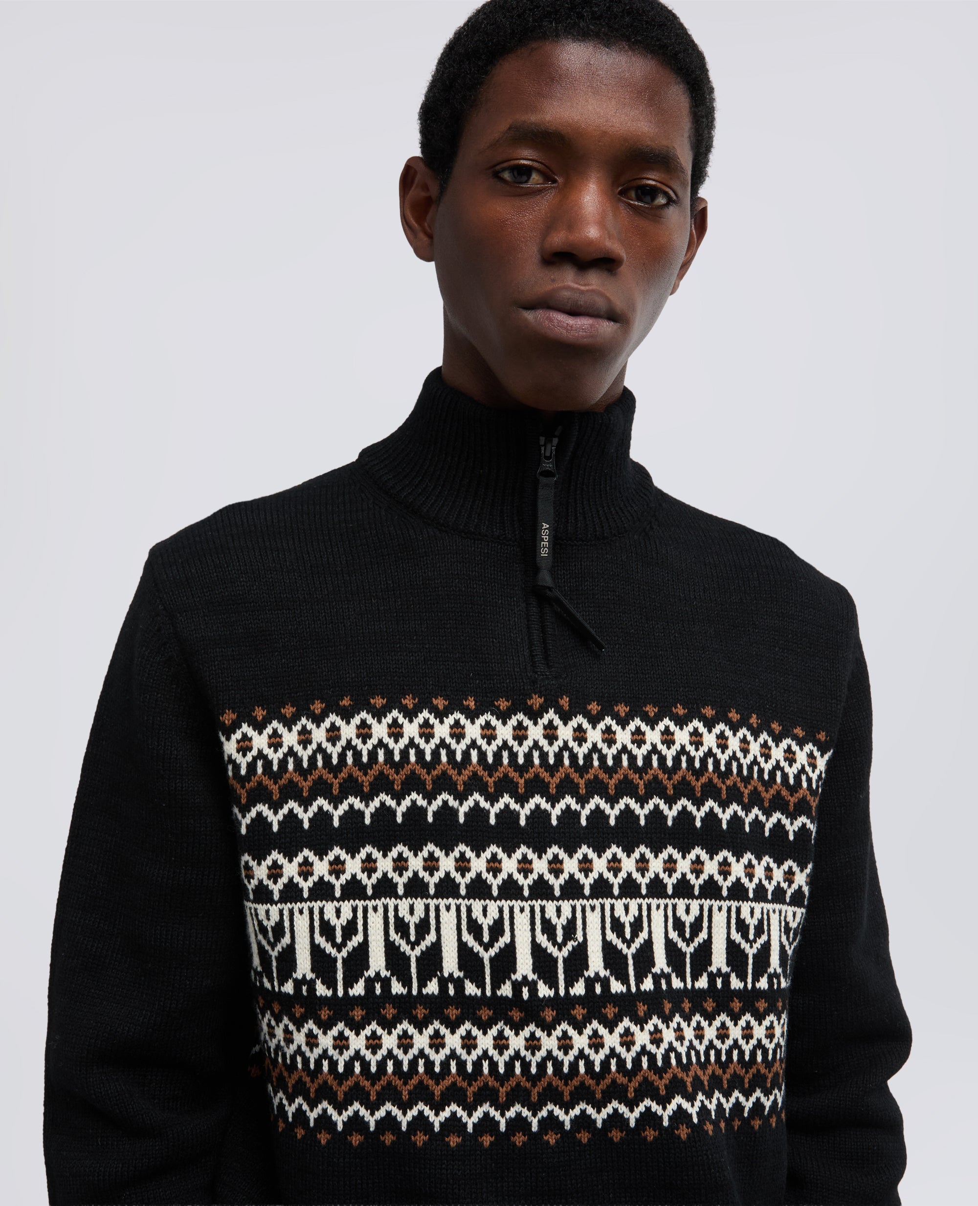 MAGLIA CON MEZZA ZIP IN COTONE, CANAPA E LANA - NERO - ASPESI