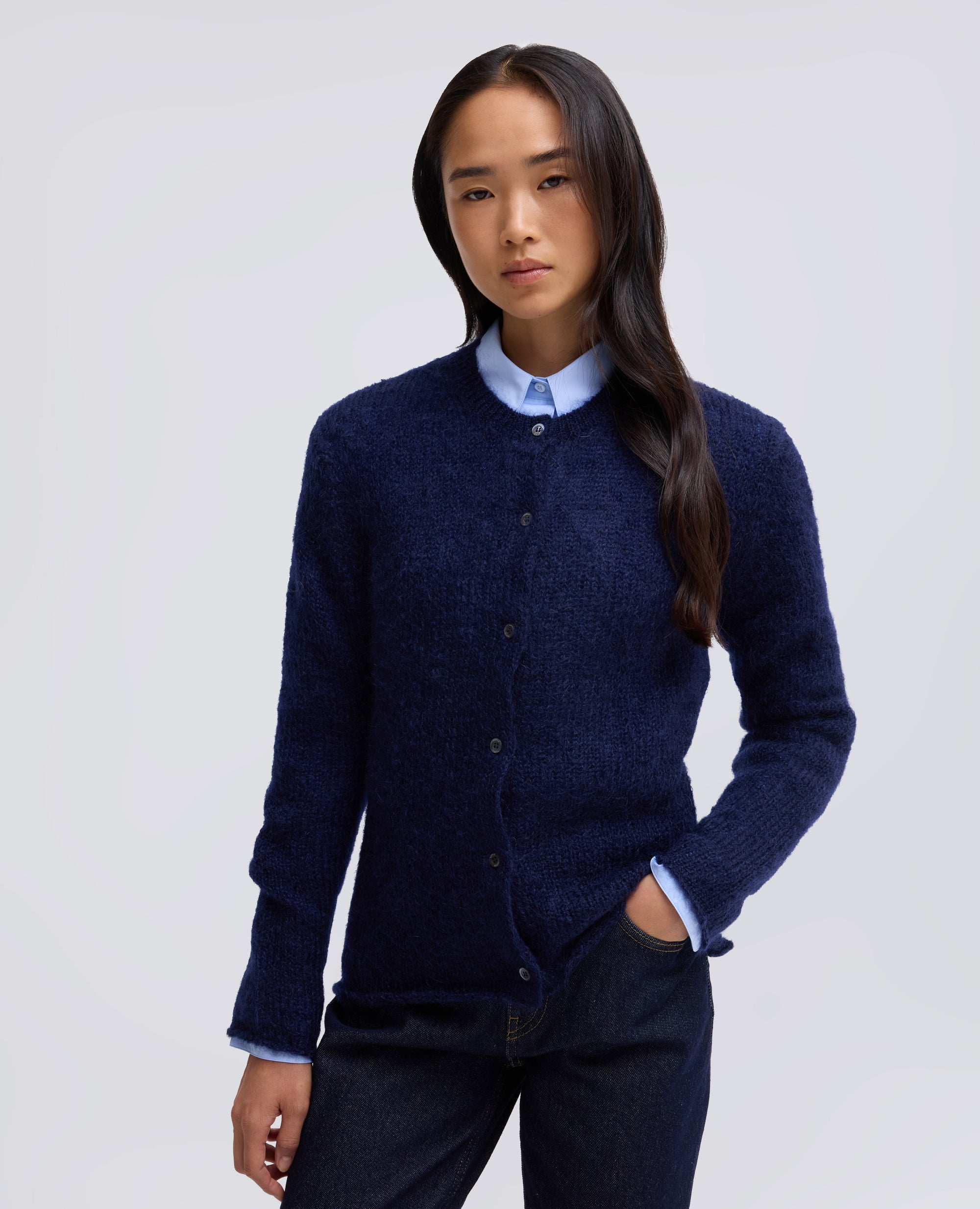 CARDIGAN GIROCOLLO DI MAGLIA IN MOHAIR E LANA - BLU - ASPESI